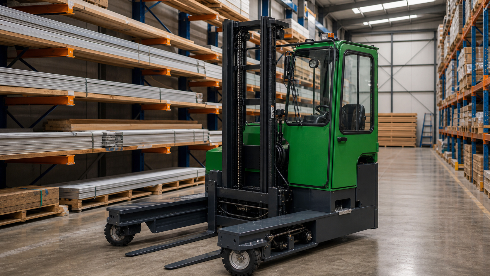 Multi-directional truck in a warehouse aisle