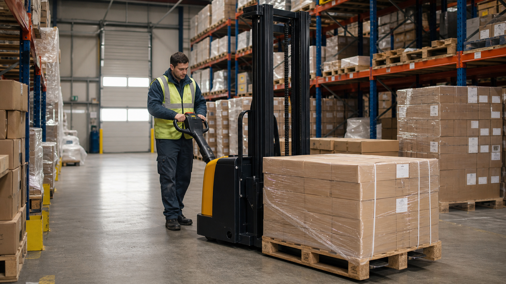 Pallet stacker moving boxed goods in a warehouse