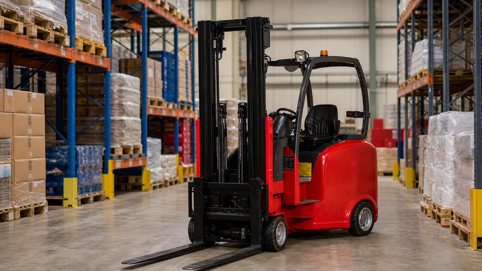 Pivot steer articulated forklift in a warehouse aisle